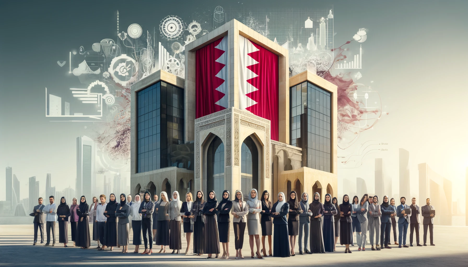 An empowering and non-controversial image representing women entrepreneurs in family businesses in Bahrain. The image features a modern office buildi