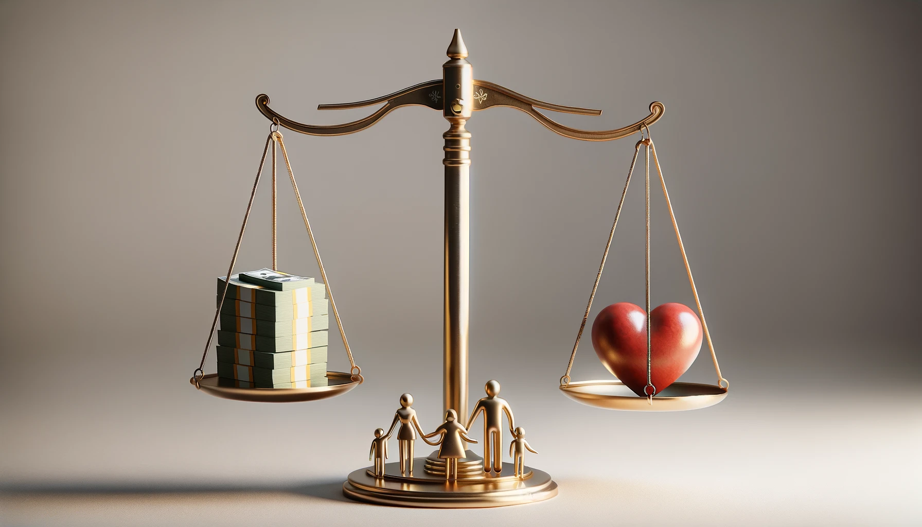 photorealistic image of a balanced scale in a 16 9 aspect ratio. On one side of the scale is a stack of money, representing financial wealth