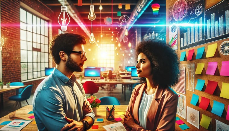 A vibrant image of two diverse colleagues deeply engaged in a conversation, surrounded by an open, collaborative office space. The room features idea .png