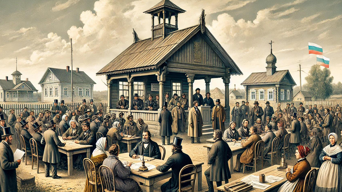 AI-generated historical illustration depicting a 19th-century local government meeting in rural Russia, inspired by the 1864 Zemstvo reform.